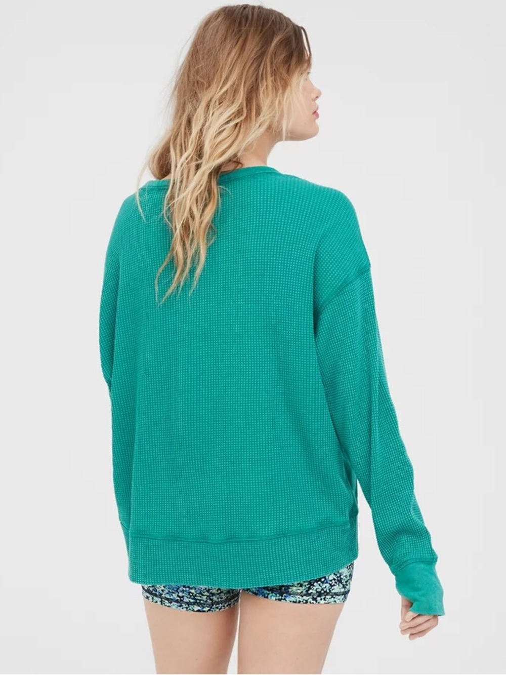 Offline by Aeri Wow! Green Waffle-Knit Long Sleeve Oversized Lounge Tee Sz Med - Picture 3 of 16
